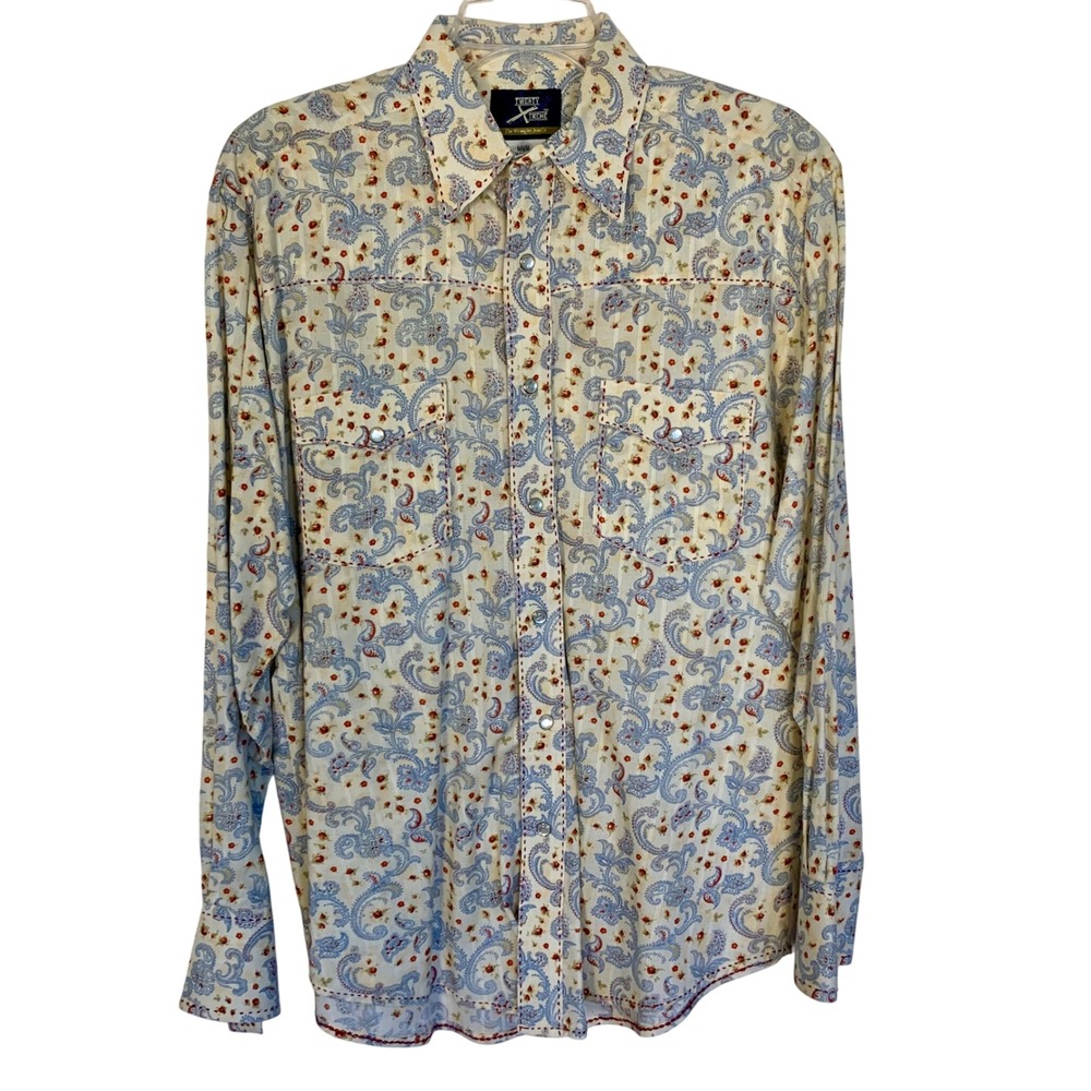Twenty Xtreme Wrangler Mens M Paisley Pearl Snap Western‎ Shirt Cream Blue Clean